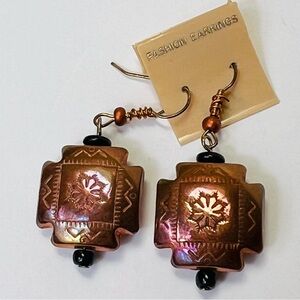 Native American Navajo Handmade Stamped Copper Concho Cross Earrings